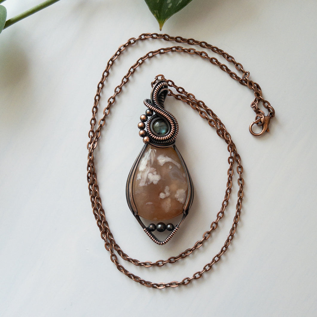 Flower Agate With Labradorite Accent & Copper Wrapped Pendant