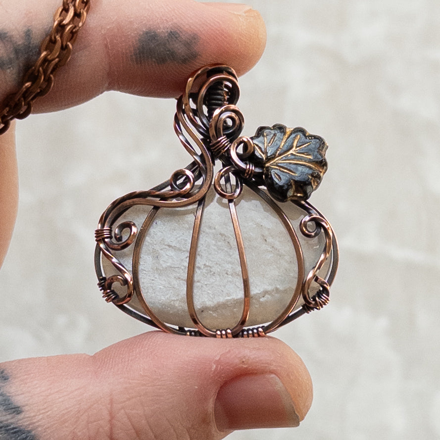 Grey Moonstone Antiqued Copper Pumpkin Pendant With Czech Glass Leaf