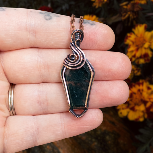 Moss Agate Coffin Antiqued Copper Pendant