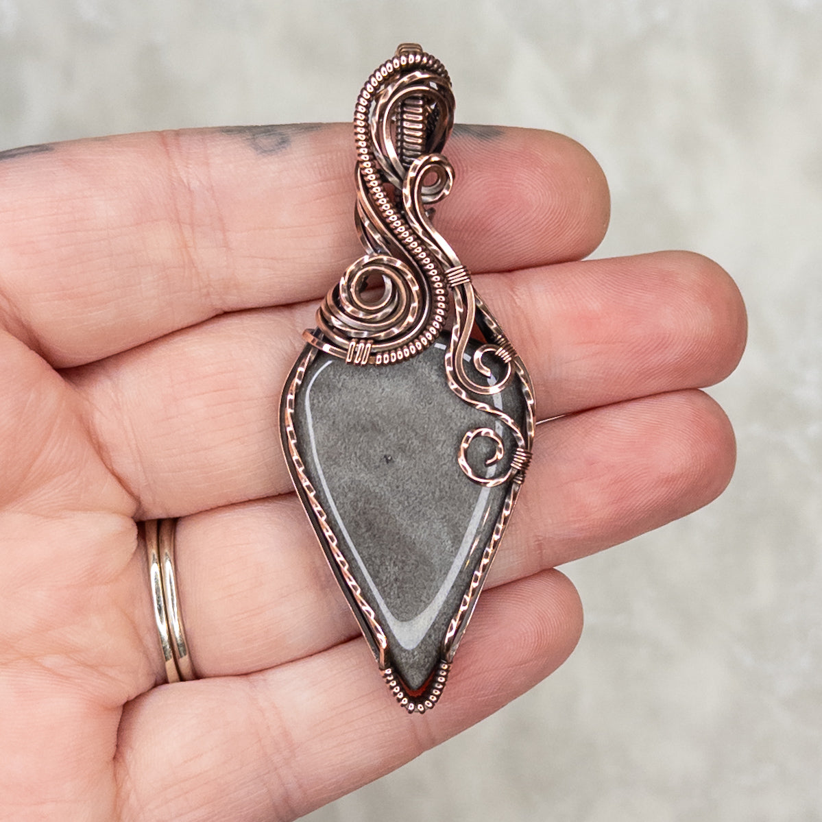 Silver Sheen Obsidian Antiqued Copper Pendant