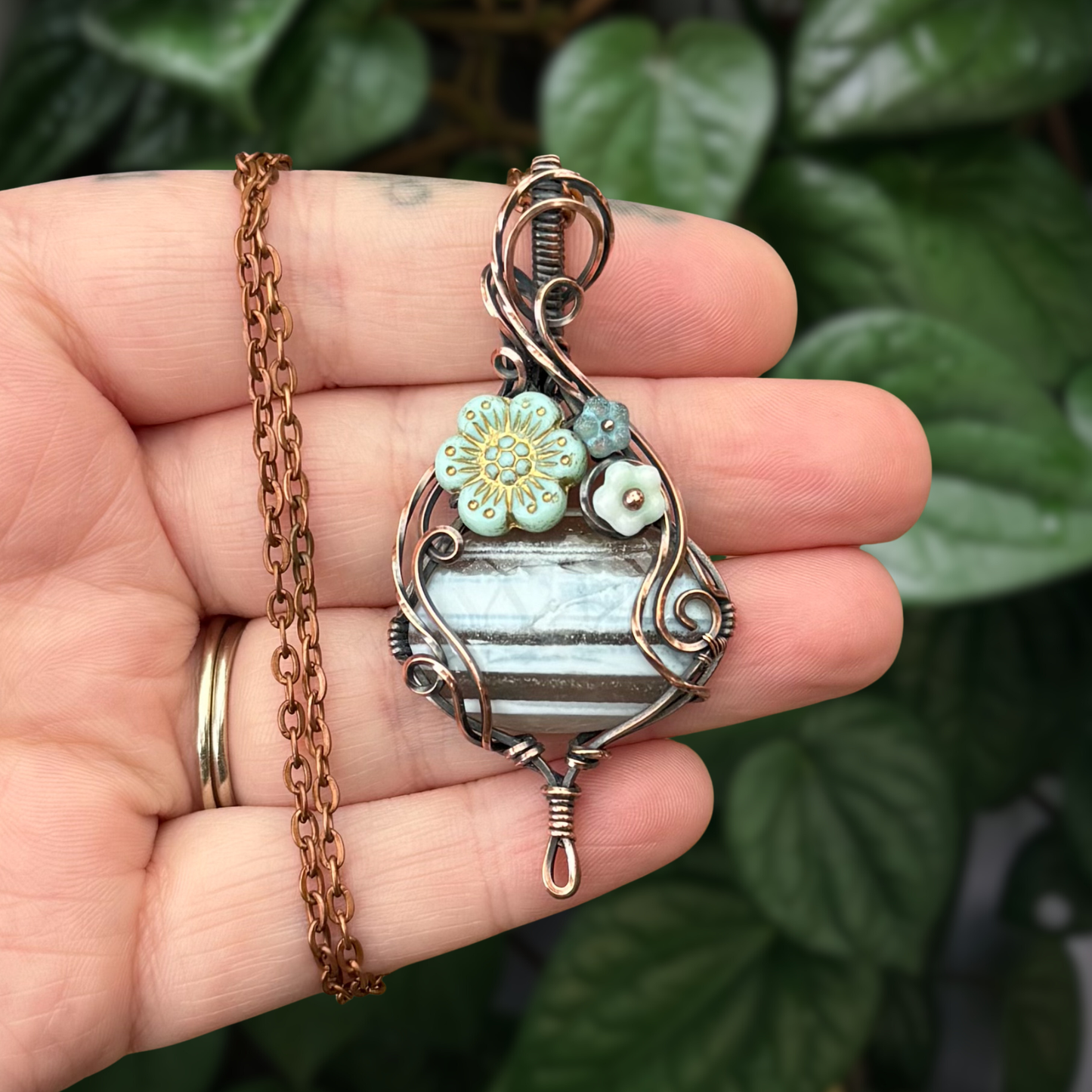 Banded Blue Opal & Czech Glass Antiqued Copper “Bouquet” Pendant