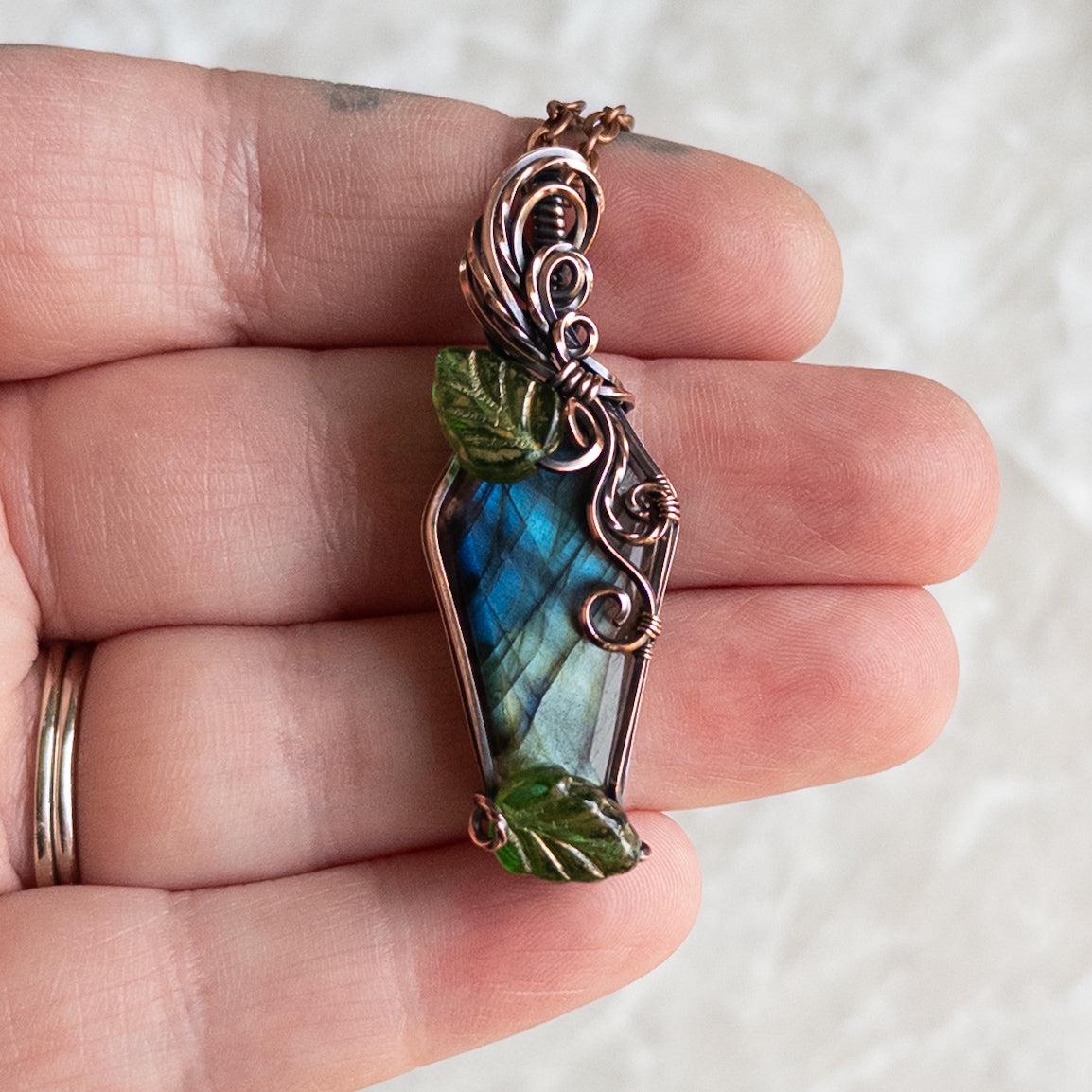 Labradorite Coffin & Leaves Antiqued Copper Pendant
