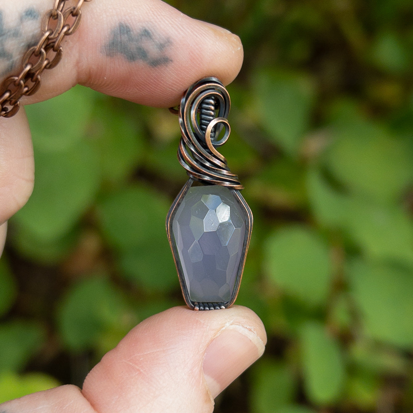 Rose Cut Lavender Chalcedony  Coffin Copper Wrapped Pendant