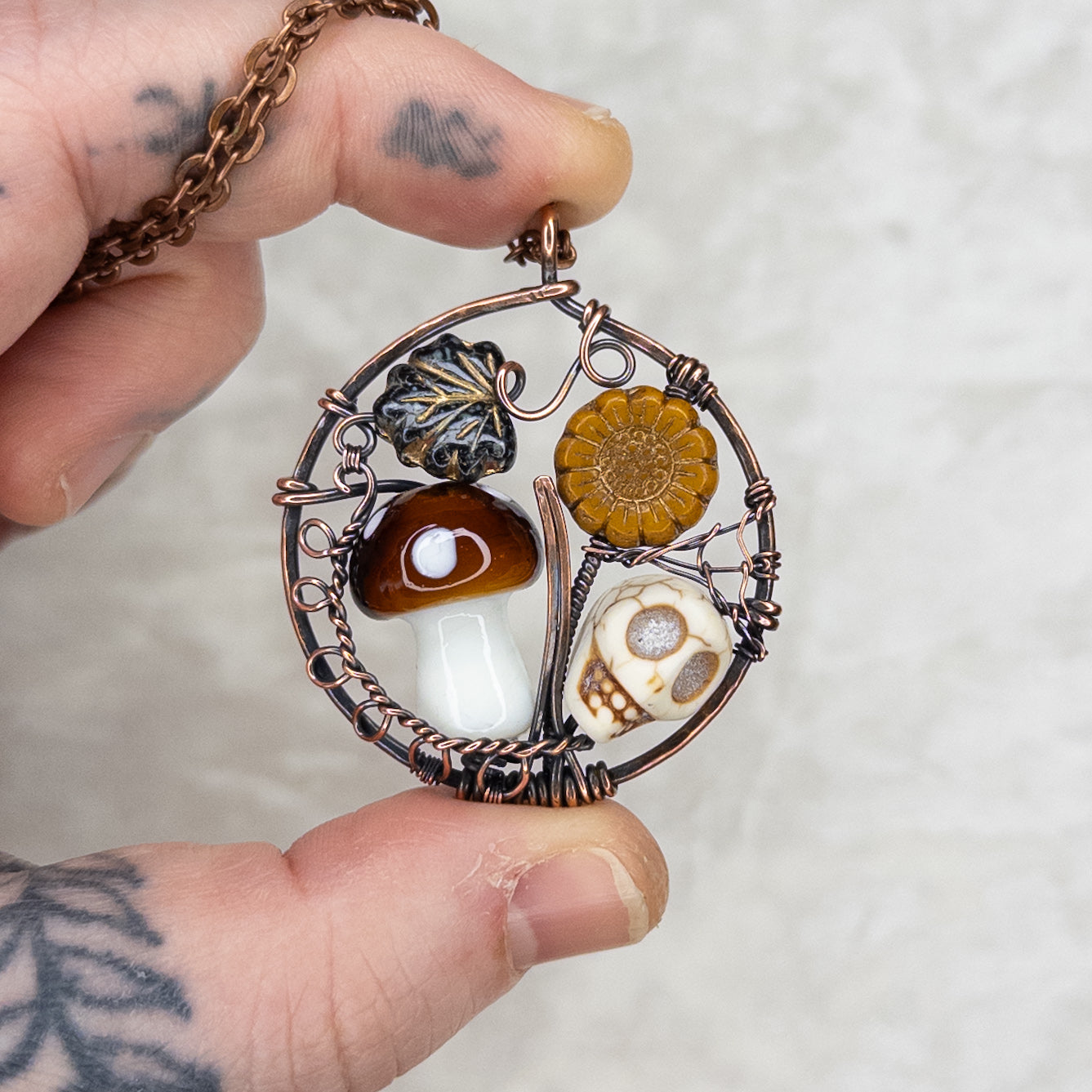 “Autumn Rest” V.2 Antiqued Copper Pendant With Czech Glass Botanical Beads, Lampwork Mushroom Bead, Stone Skull Bead, & Tiny Spiderweb