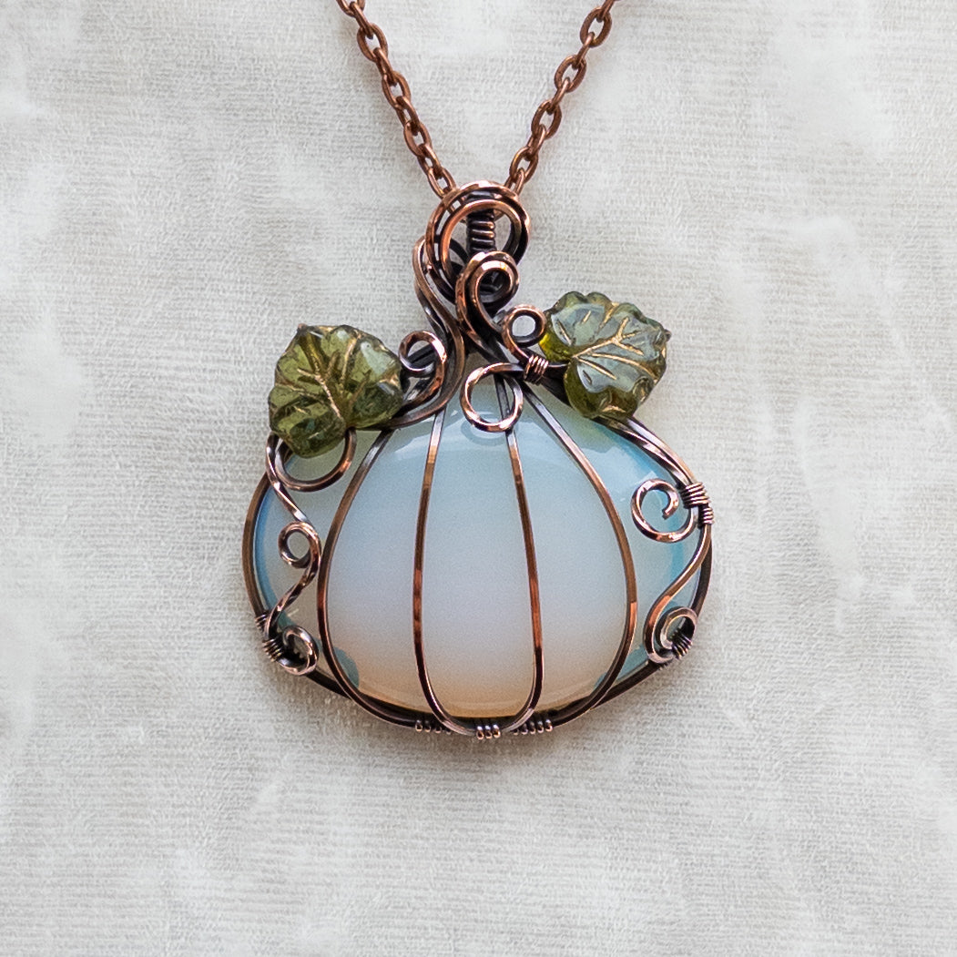 Opalite Glass Antiqued Copper Pumpkin Pendant With Czech Glass Leaves