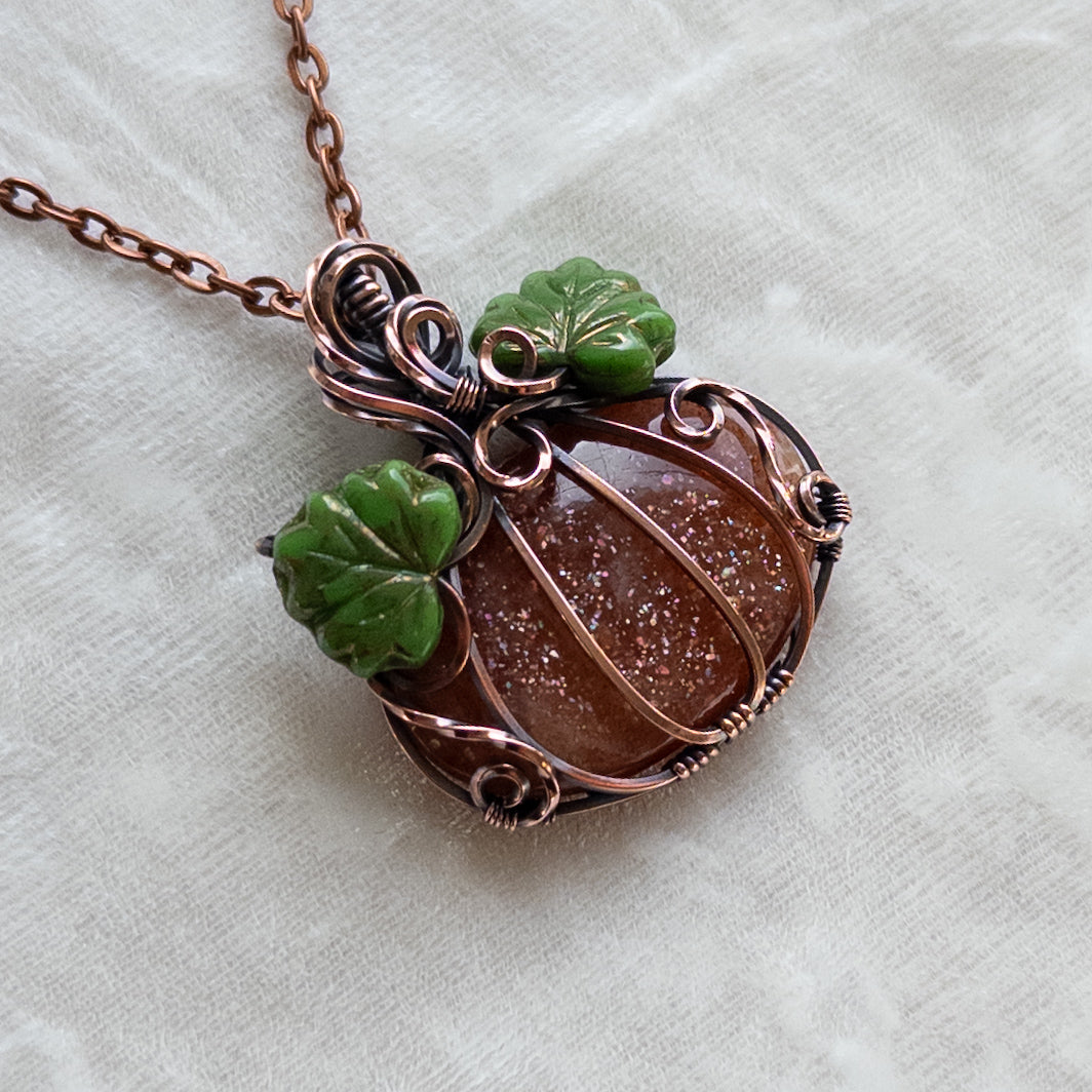 Confetti Sunstone Antiqued Copper Pumpkin Pendant With Czech Glass Leaves