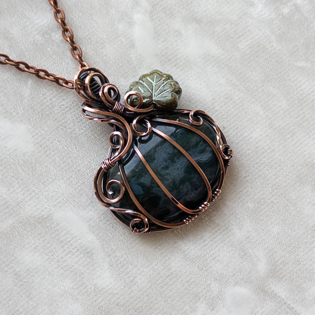 Moss Agate Antiqued Copper Pumpkin Pendant With Czech Glass Leaf