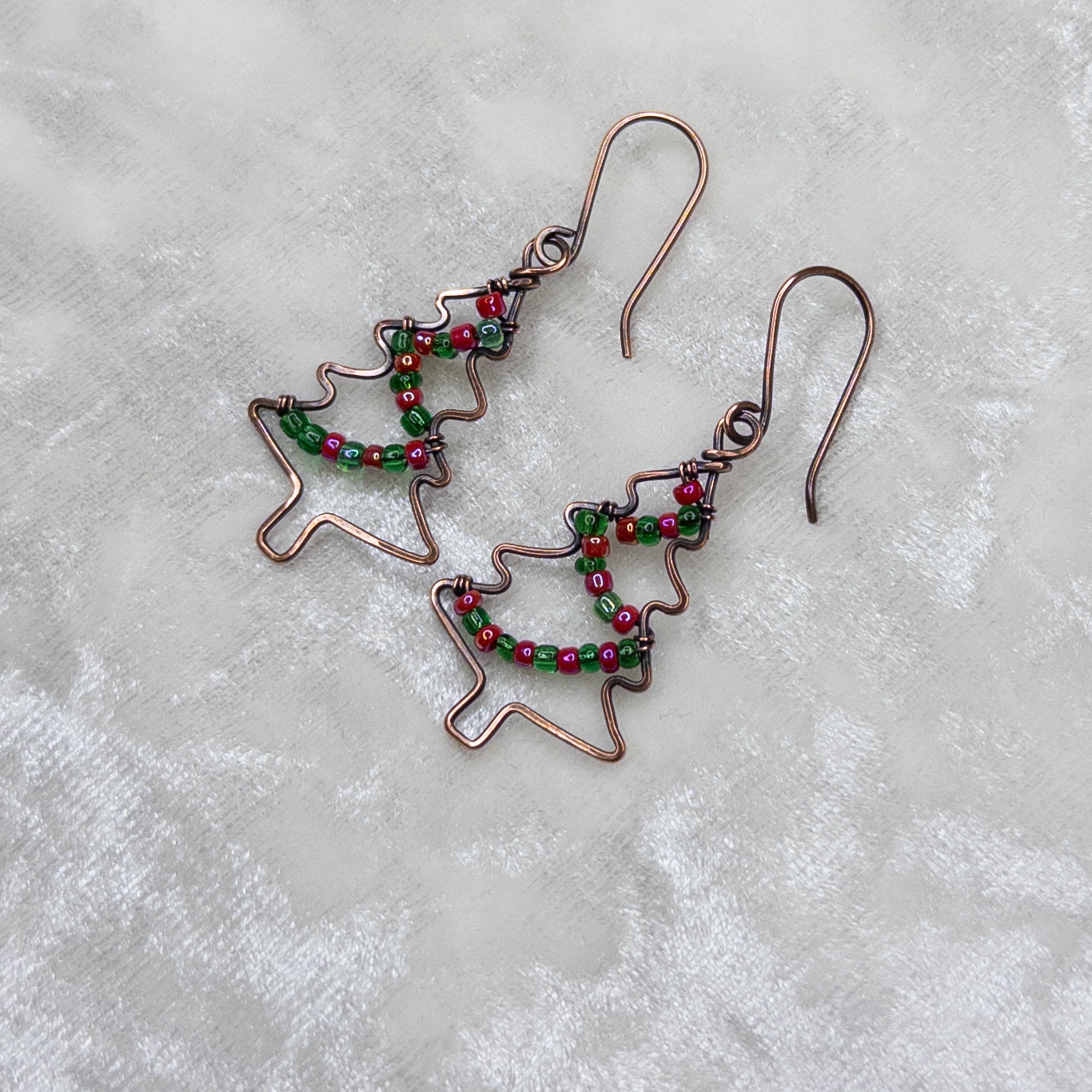 Hammered & Antiqued Copper Christmas Tree Earrings With Glass Bead “Garland”