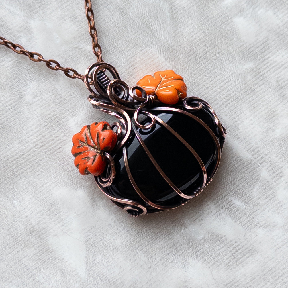 Black Onyx Antiqued Copper Pumpkin Pendant With Czech Glass Leaves