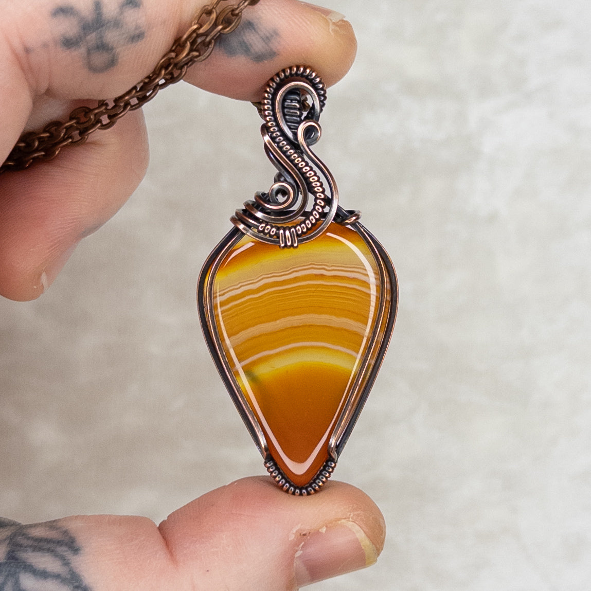 “Candy Corn” Orange Banded Agate Antiqued Copper Pendant