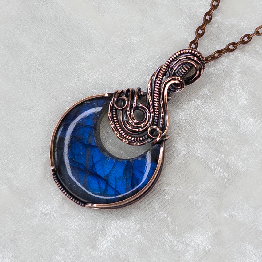 Deep Blue Labradorite Moon Antiqued Copper Pendant