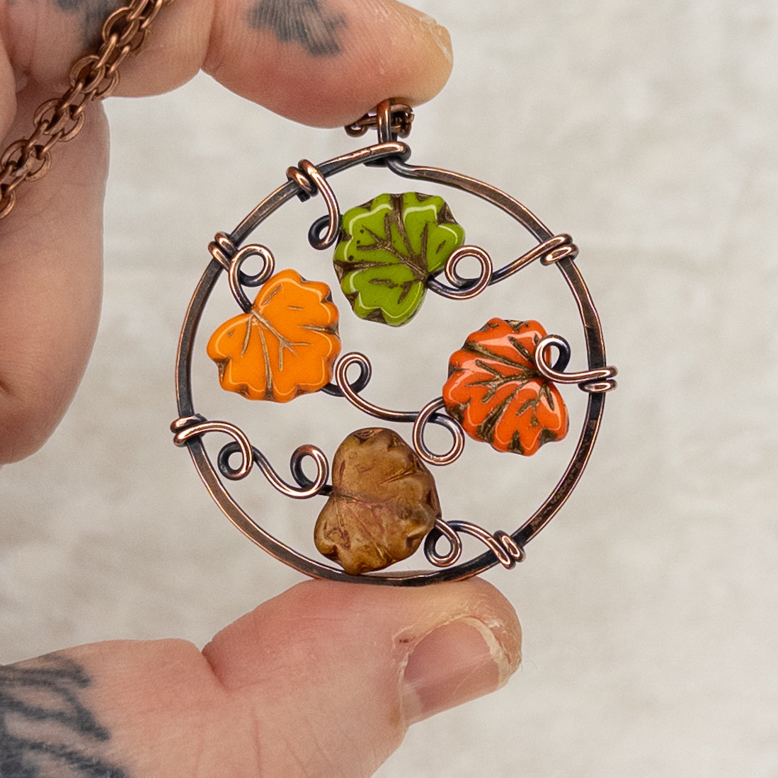 “Autumn Leaves” Antiqued Copper Pendant With Czech Glass Leaf Beads