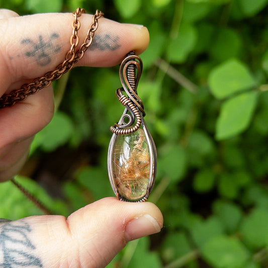 Gold Rutilated Quartz & Copper Wrapped Pendant