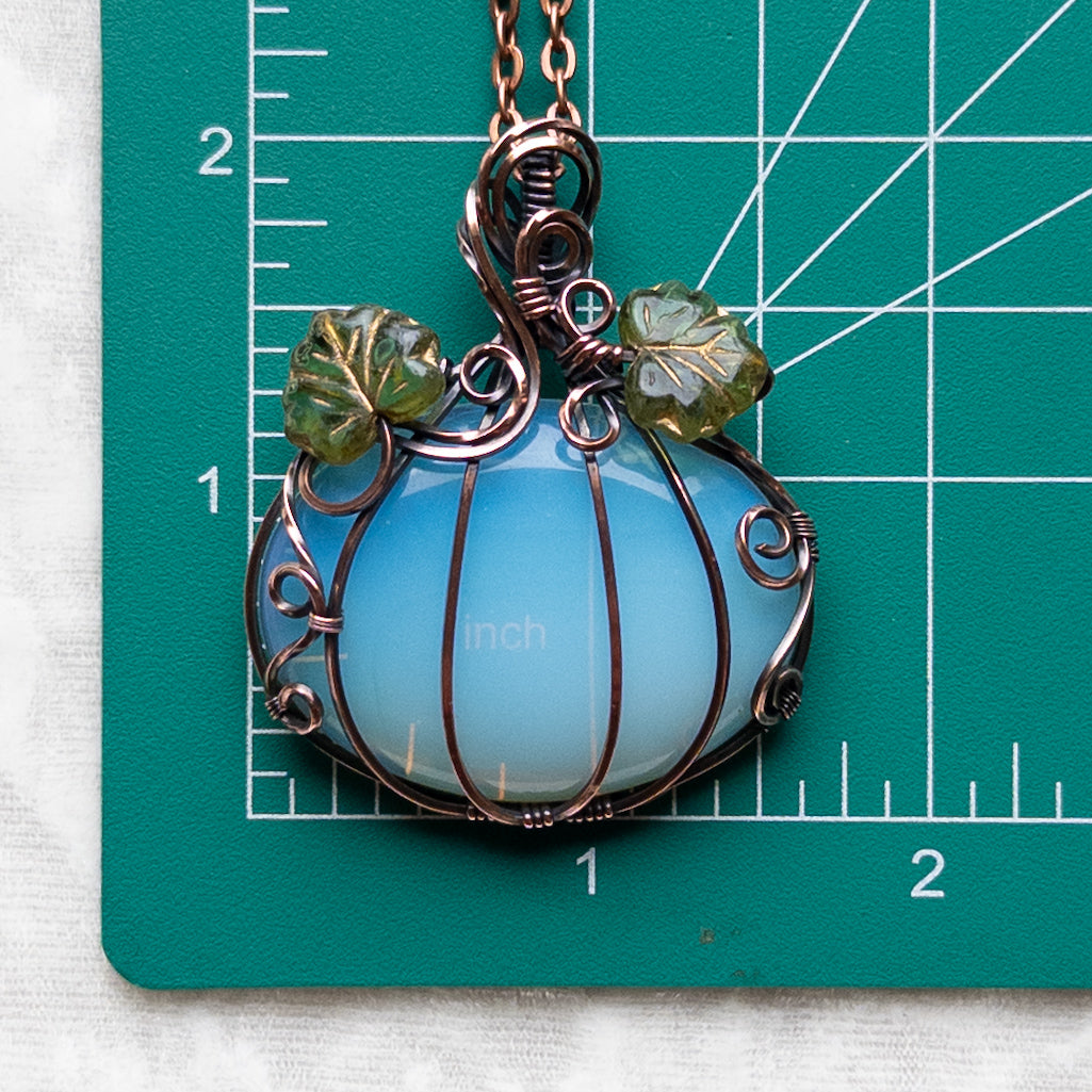 Opalite Glass Antiqued Copper Pumpkin Pendant With Czech Glass Leaves