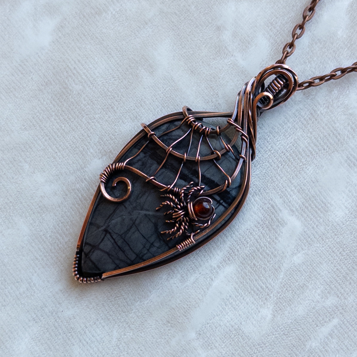 Picasso Jasper With Garnet Spider & Web Antiqued Copper Pendant