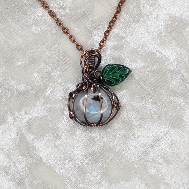 Dainty Moonstone Antiqued Copper Pumpkin Pendant With Czech Glass Leaf
