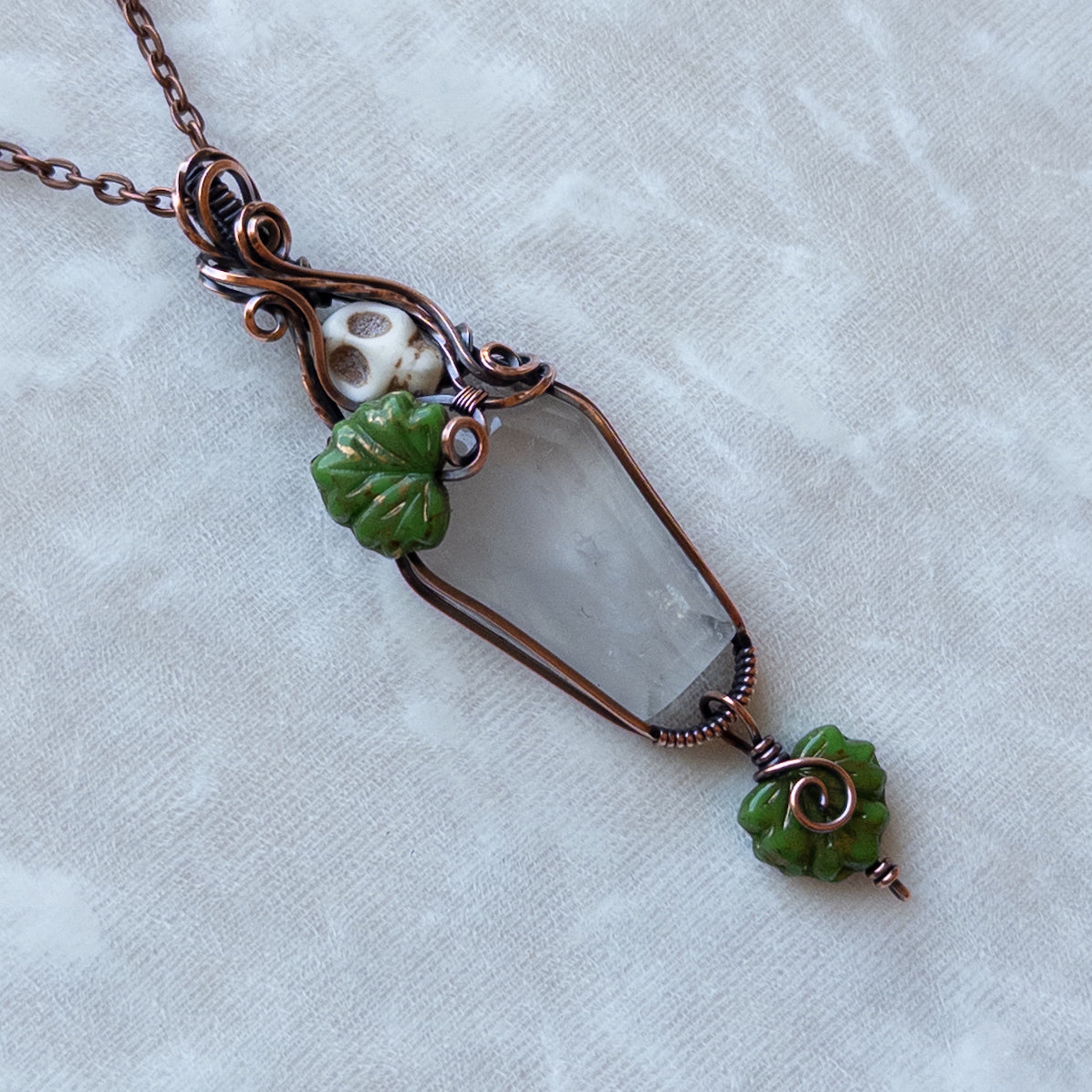 Quartz Coffin & Skull Antiqued Copper Pendant With Czech Glass Leaves