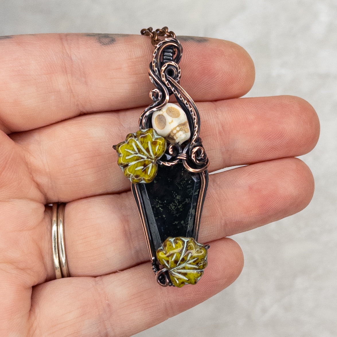 Moss Agate Coffin & Skull Antiqued Copper Pendant With Czech Glass Leaves