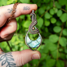 Load image into Gallery viewer, Labradorite Crescent Moon &amp; Antiqued Copper Wrapped Pendant
