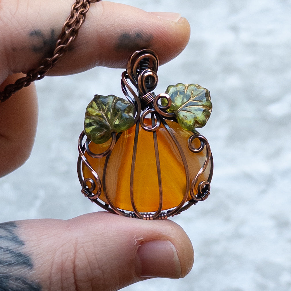 Orange Agate Pumpkin Pendant Witch Czech Glass Leaves - Antiqued Copper
