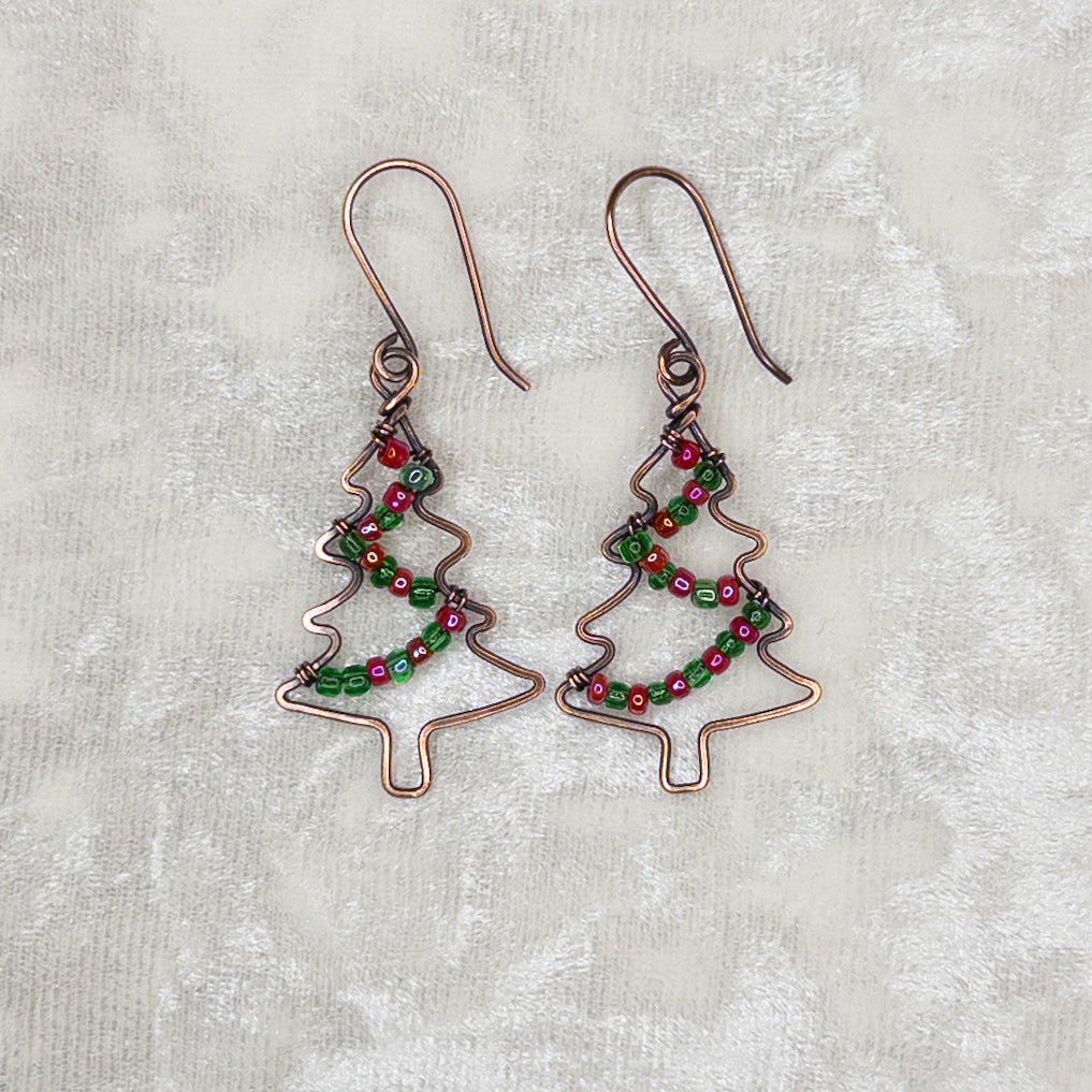 Hammered & Antiqued Copper Christmas Tree Earrings With Glass Bead “Garland”