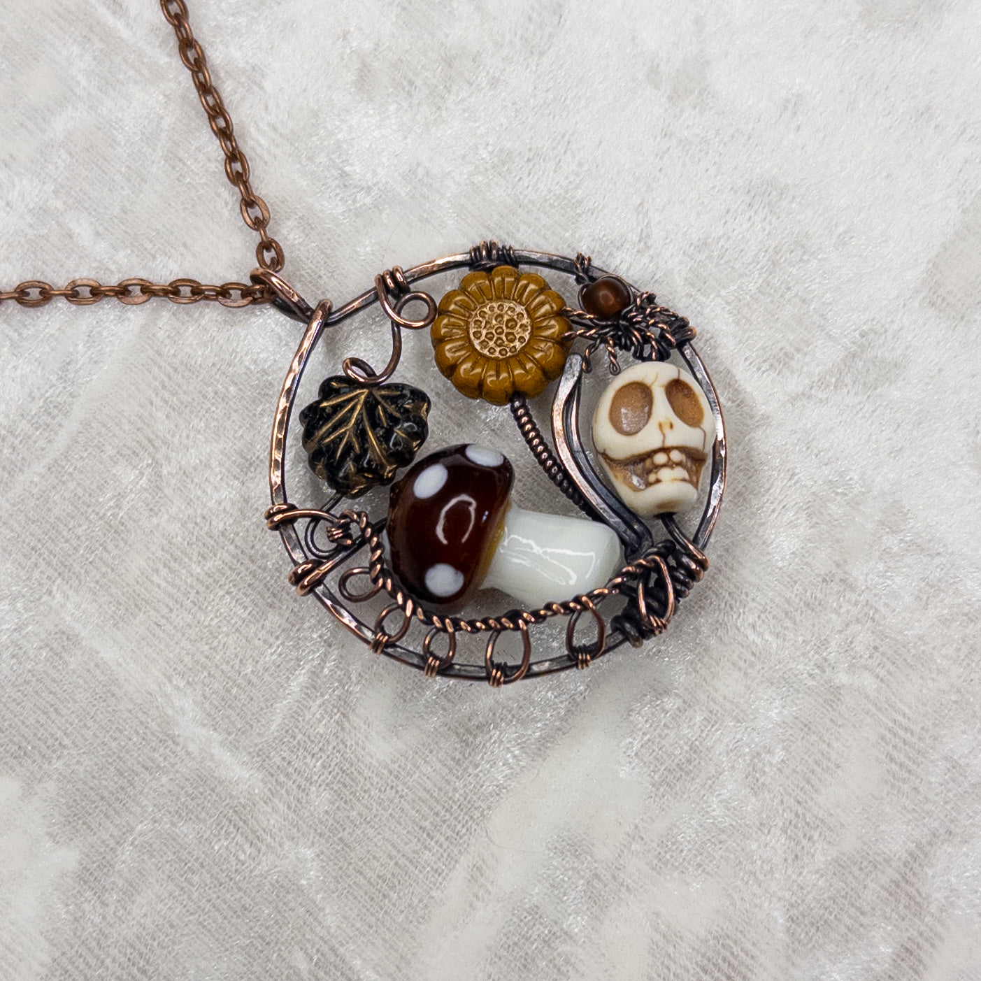 “Autumn Rest” Antiqued Copper Pendant With Czech Glass Botanical Beads, Lampwork Mushroom Bead, Stone Skull Bead, And Tiny Glass & Wire Spider