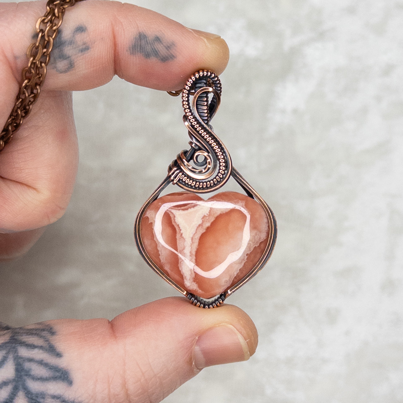 Rhodochrosite Heart Antiqued Copper Pendant