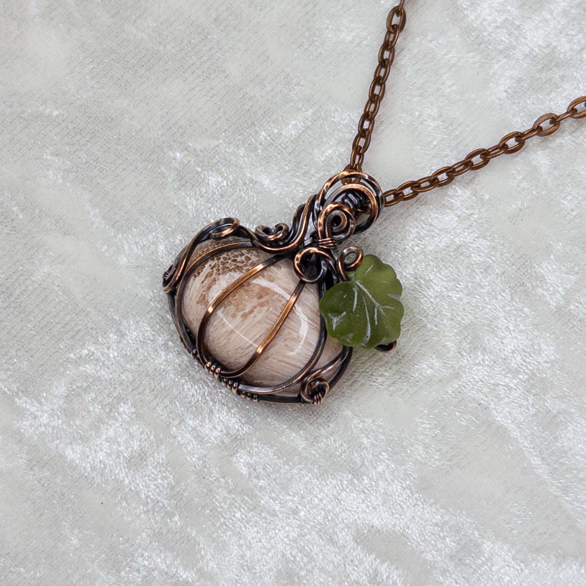 Pink Scolecite Antiqued Copper Pumpkin Pendant With Czech Glass Leaf