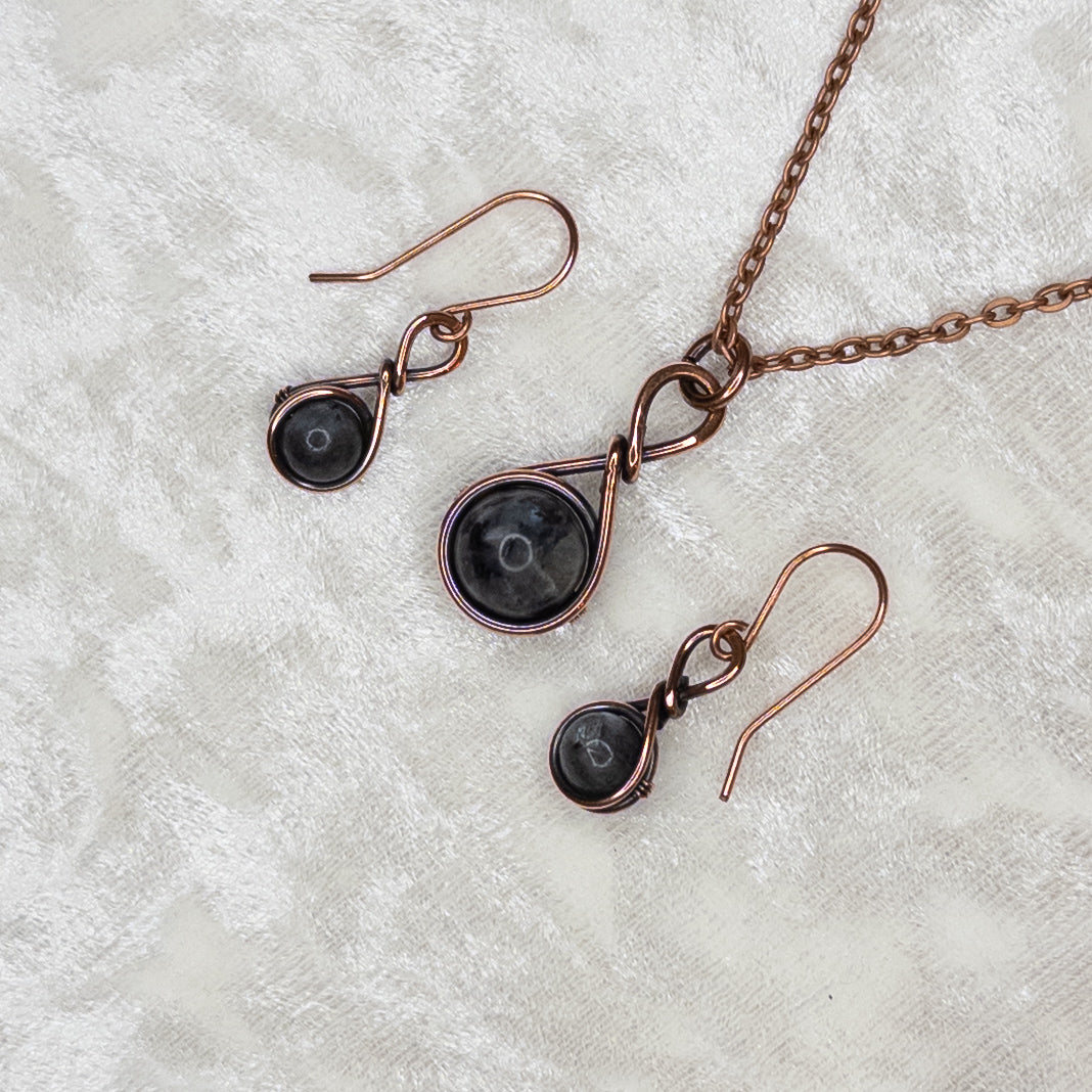 Drops Of Larvikite Antiqued Copper Necklace & Earring Set