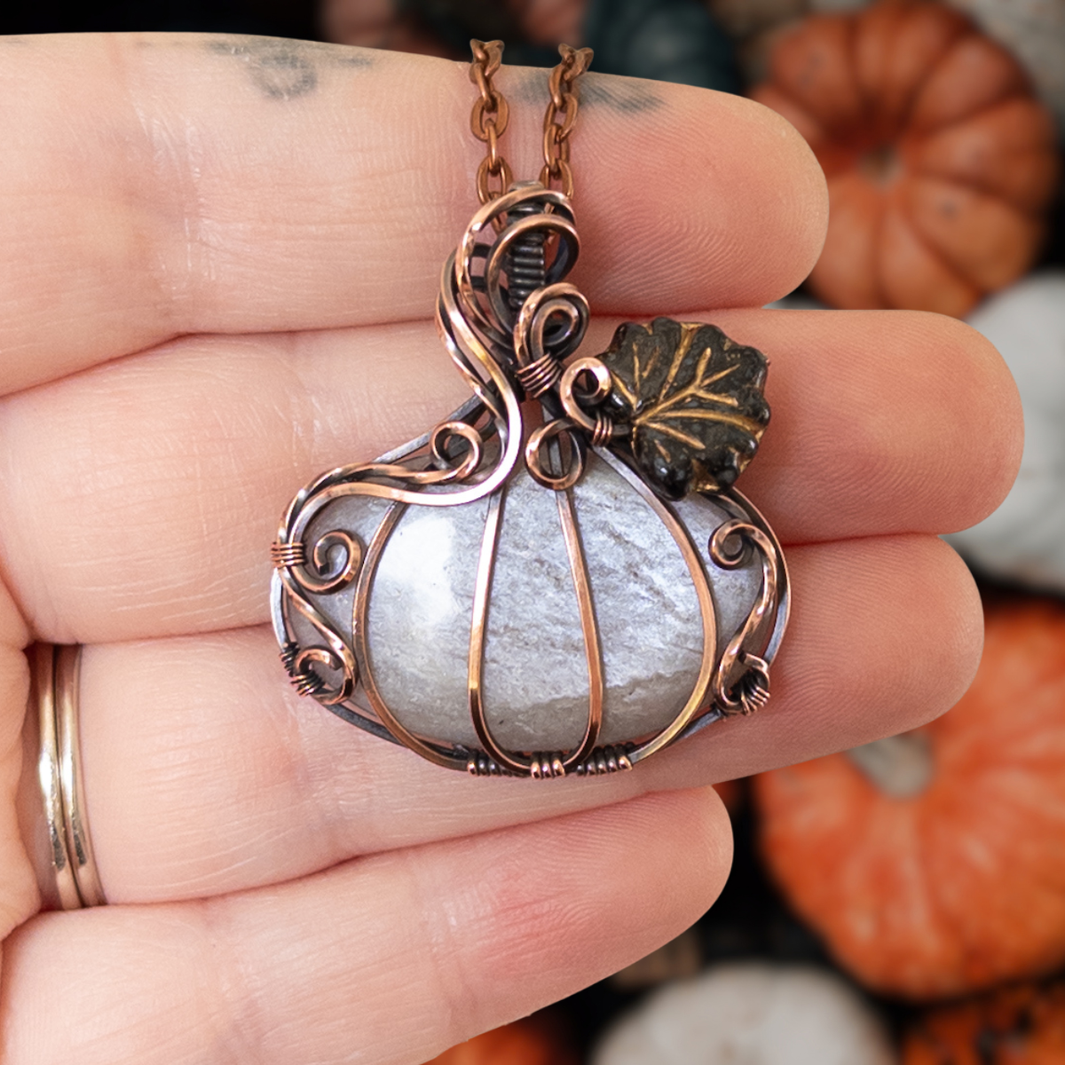Grey Moonstone Antiqued Copper Pumpkin Pendant With Czech Glass Leaf