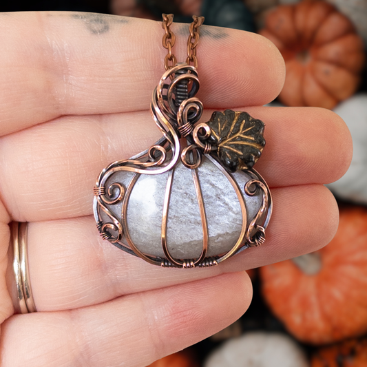 Grey Moonstone Antiqued Copper Pumpkin Pendant With Czech Glass Leaf