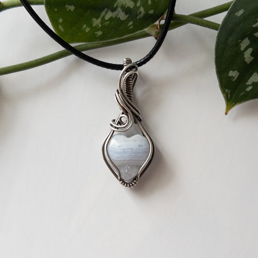 Mini Blue Lace Agate Heart & Sterling Silver Pendant - A