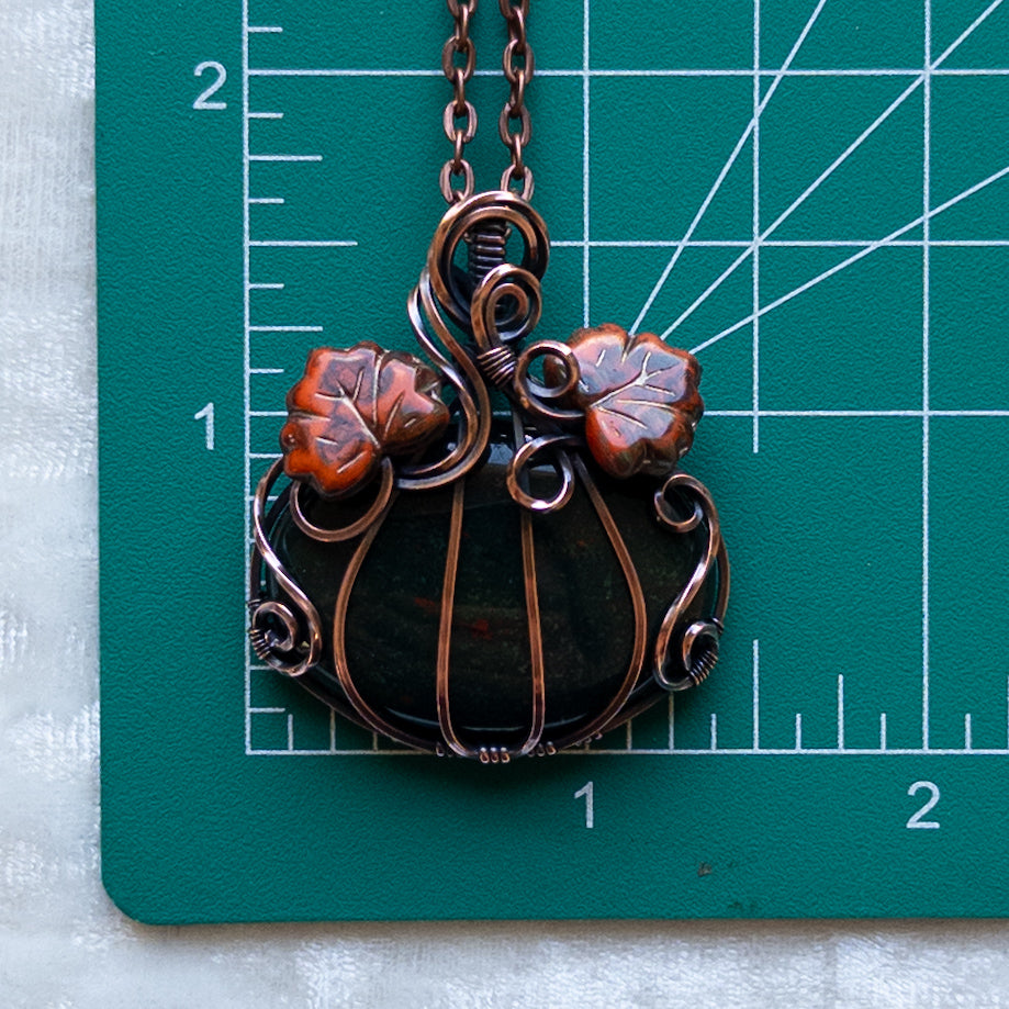 Bloodstone Pumpkin Pendant Witch Czech Glass Leaves - Antiqued Copper