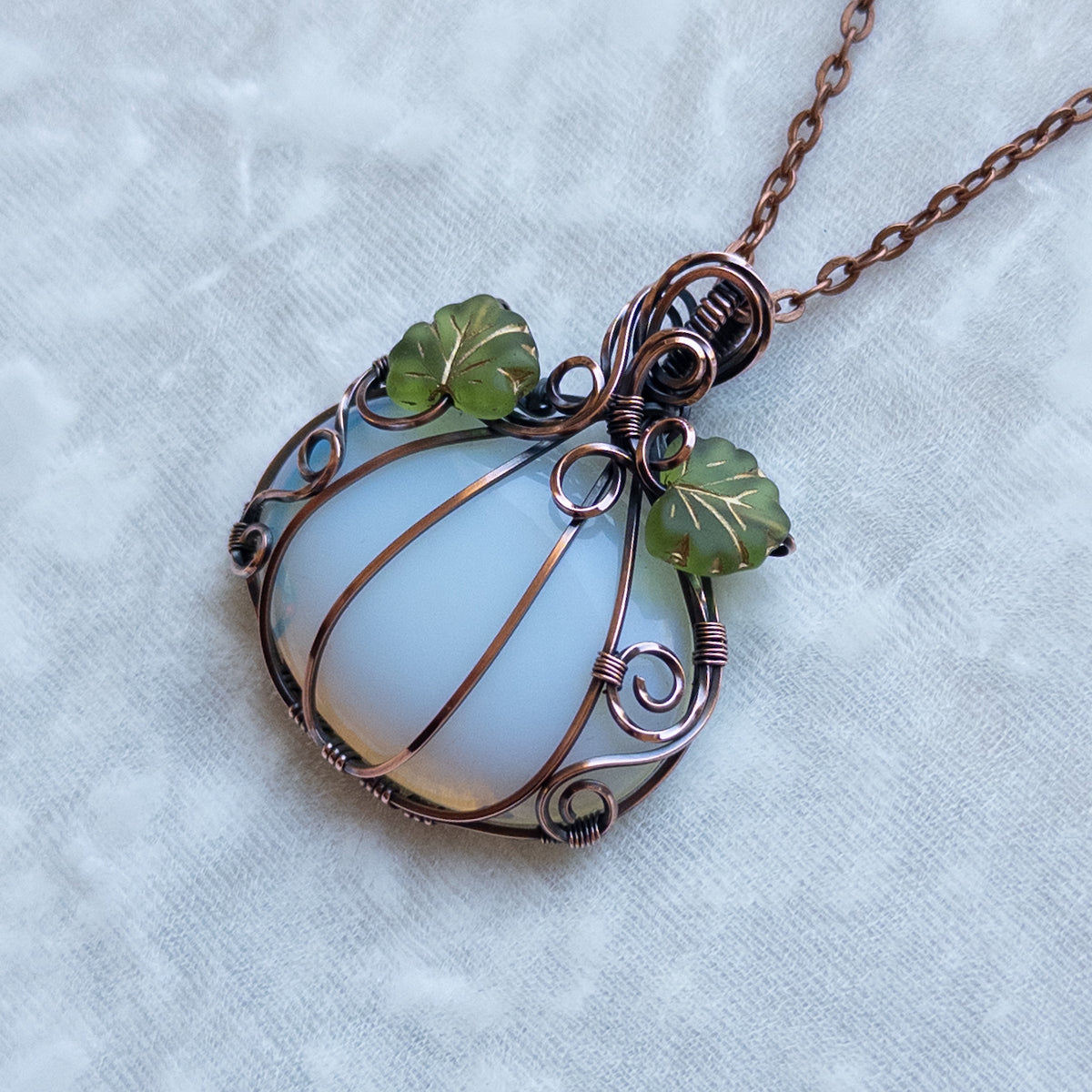 Opalite Glass Antiqued Copper Pumpkin Pendant With Czech Glass Leaves
