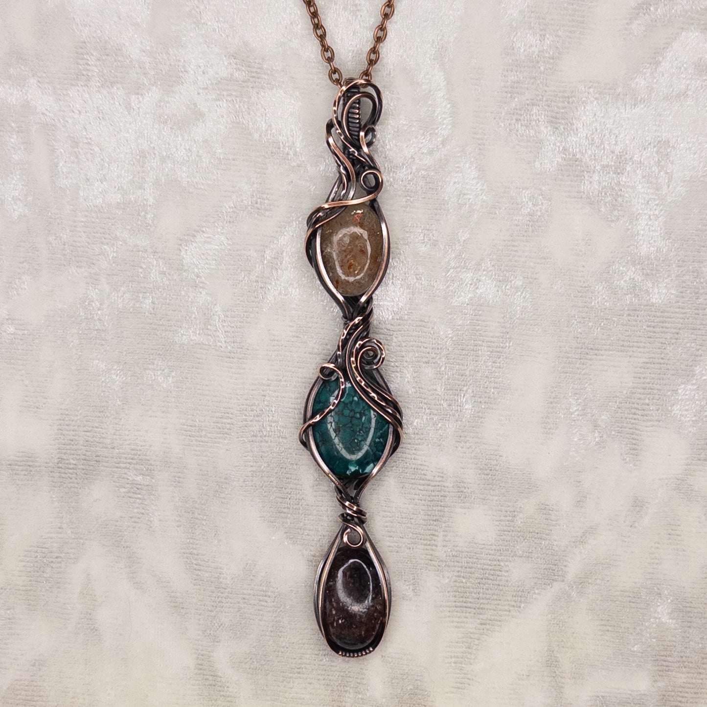 Bloodshot Iolite, Hubei Turquoise, & Confetti Sunstone Antiqued Copper Pendant