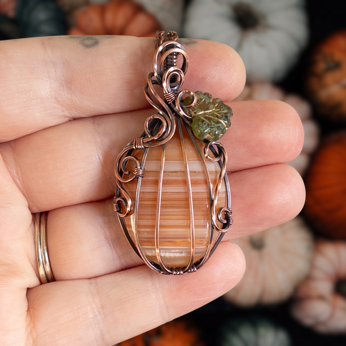 The Last “Candy Corn” Agate Pumpkin Pendant With Czech Glass Leaf - Antiqued Copper