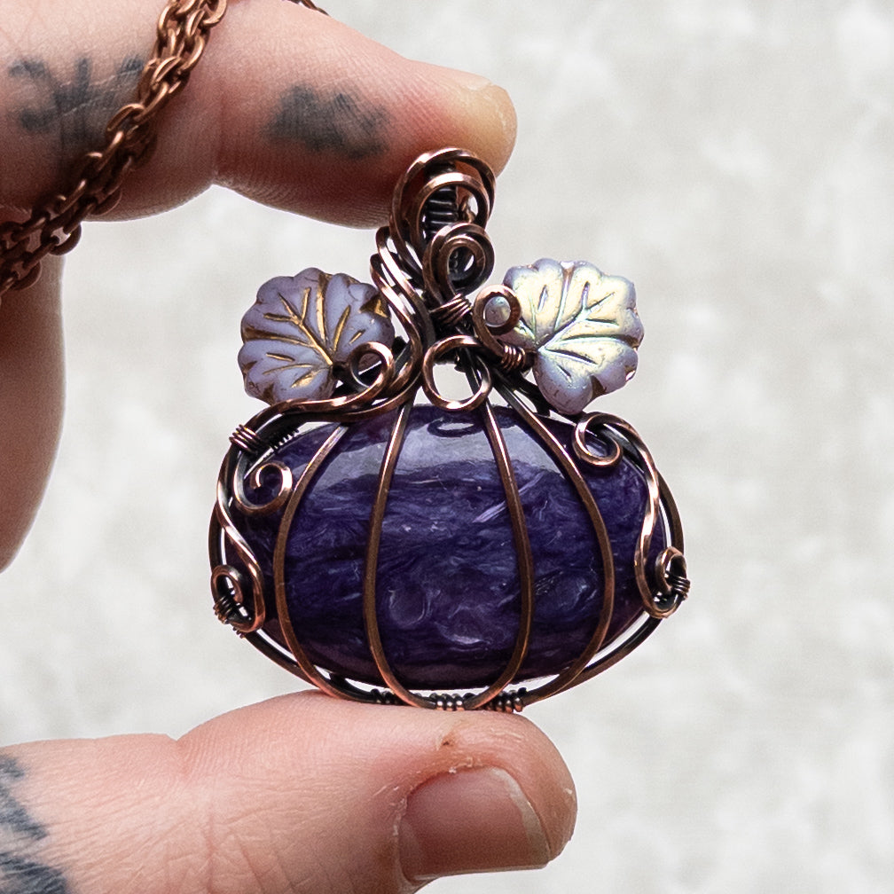 Charoite Pumpkin Antiqued Copper Pendant With Czech Glass Leaves