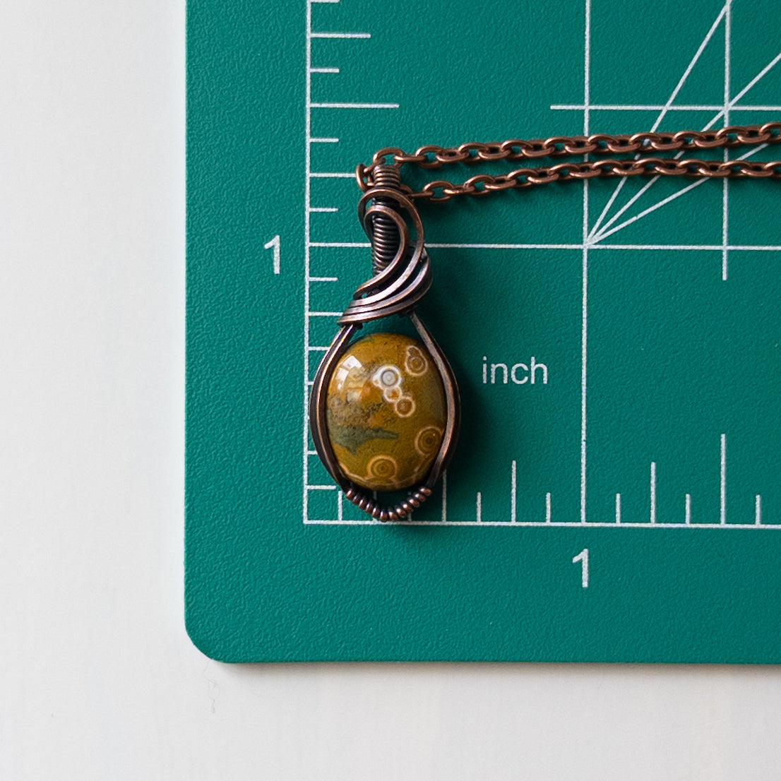 Dainty Yellow Ocean Jasper Copper Wrapped Pendant