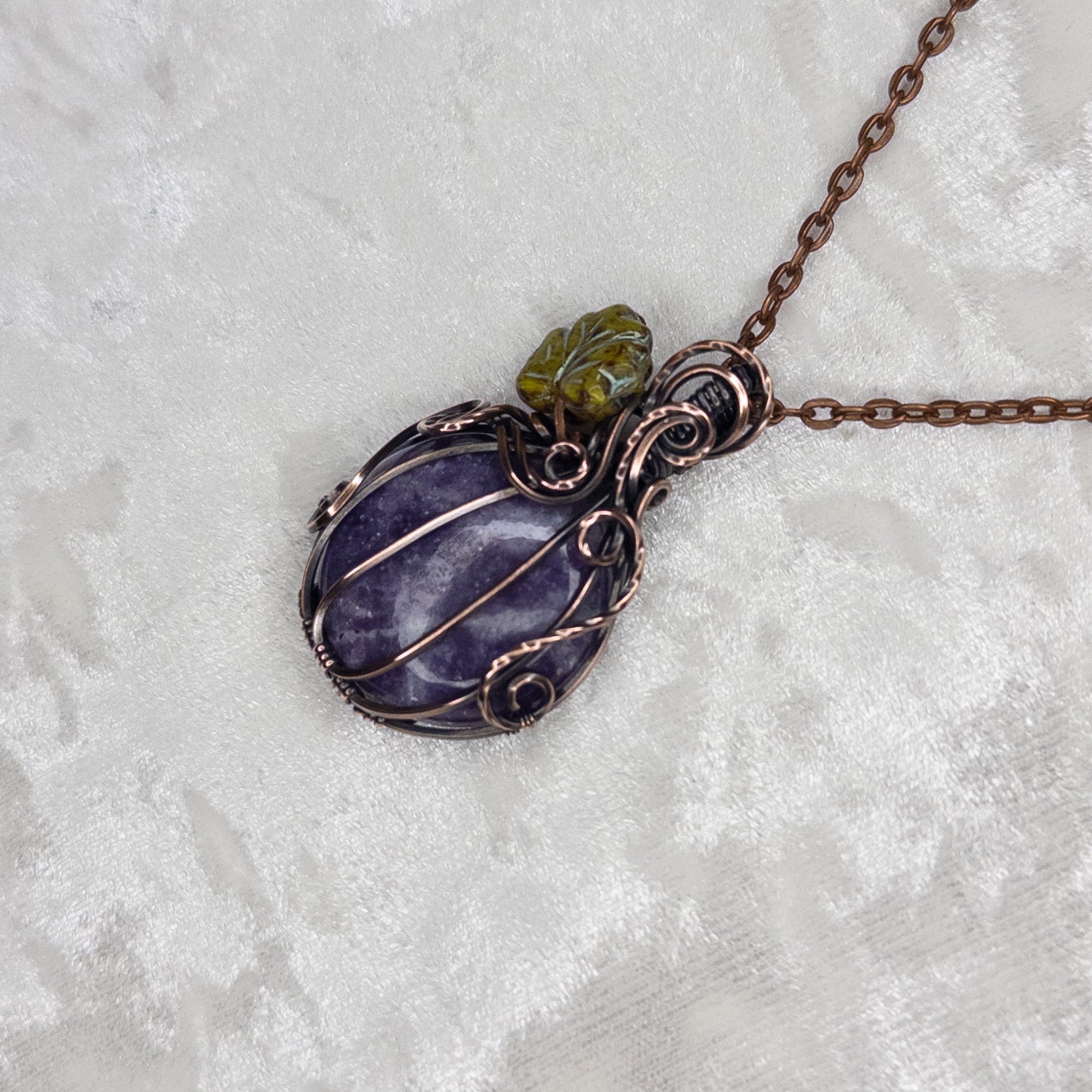 Lepidolite Antiqued Copper Pumpkin Pendant With Czech Glass Leaf