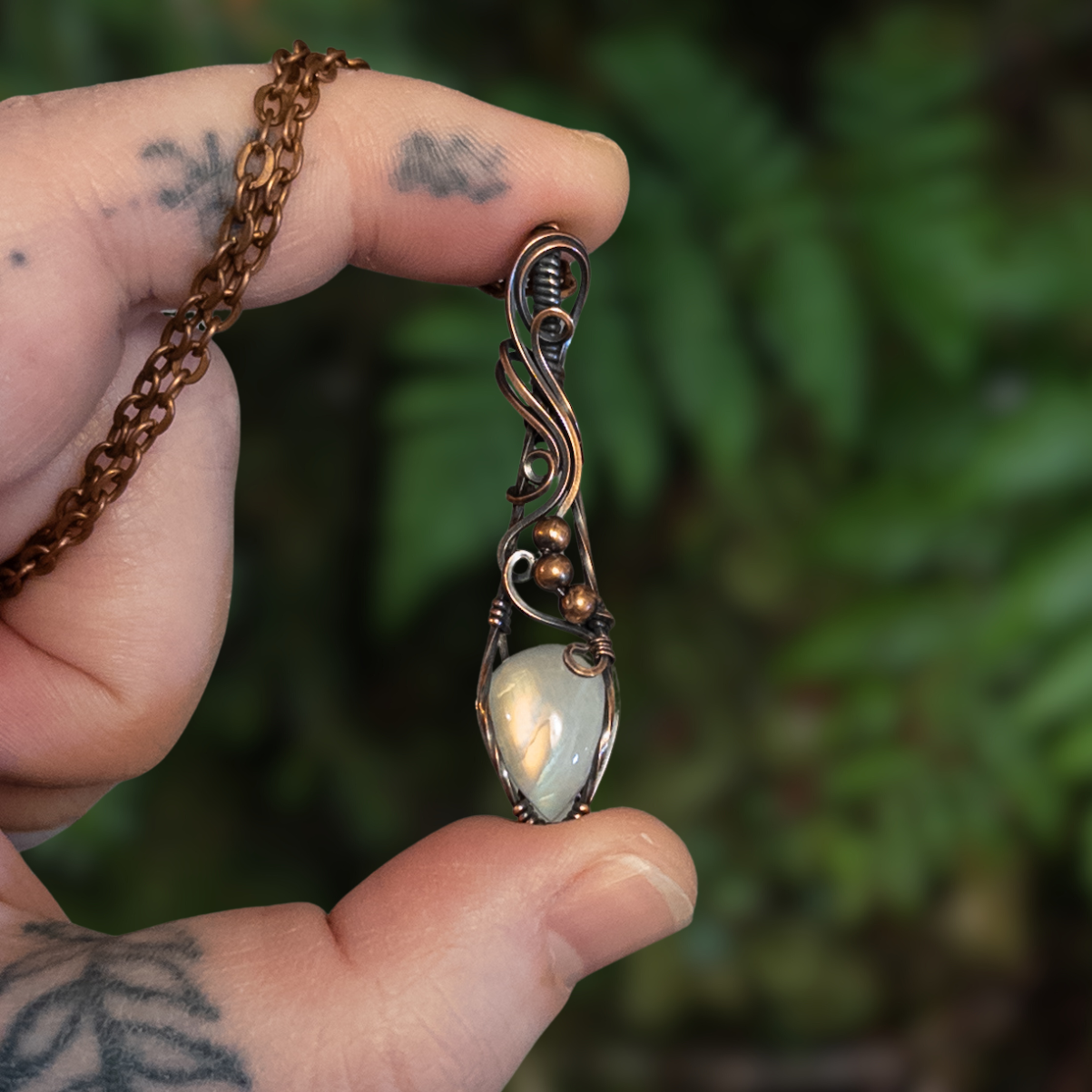 Dainty Rainbow Moonstone Copper Wrapped Pendants