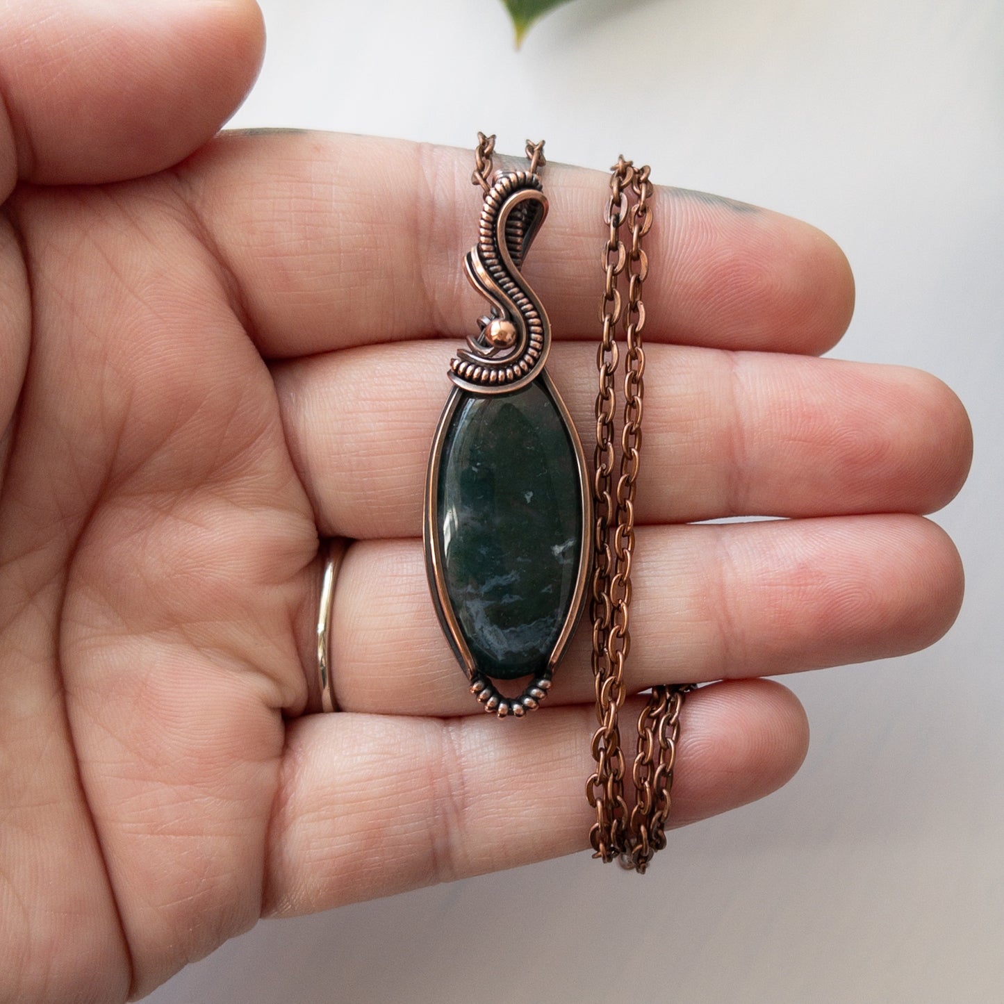 Moss Agate & Copper Wrapped Pendant