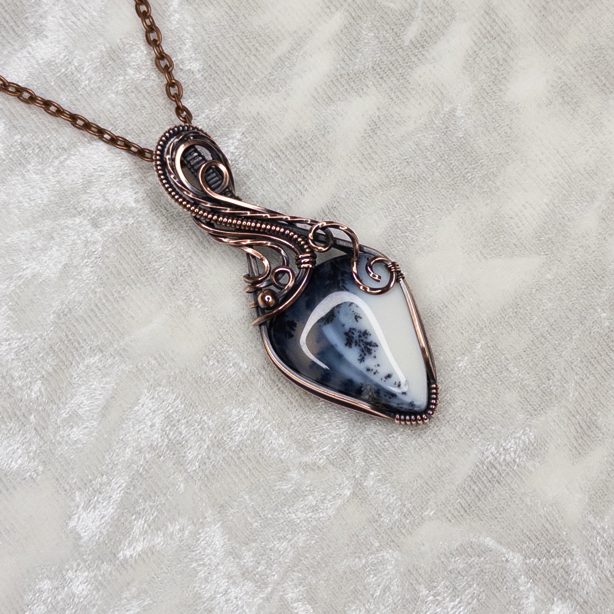 Dendritic White Opal Antiqued Copper Pendant