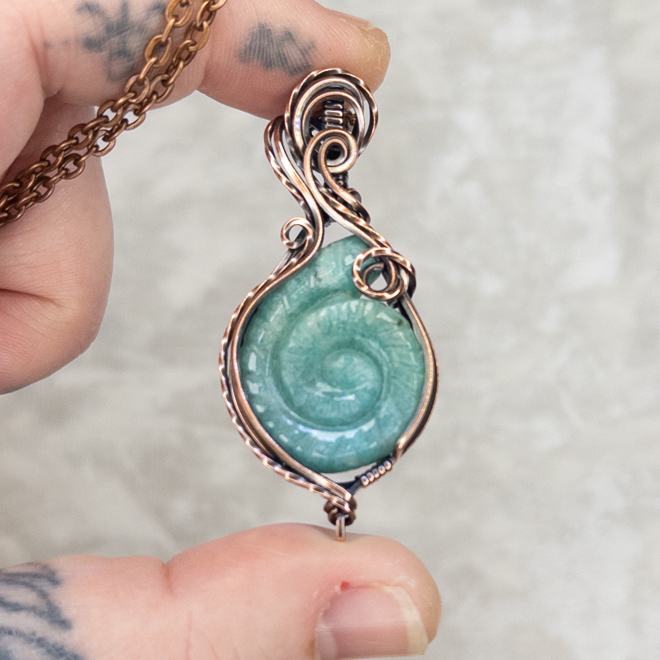 Carved Amazonite Shell Antiqued Copper Pendant
