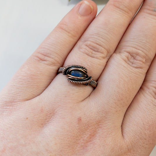 Dark Blue Labradorite & Copper Wrapped Ring US Size 10