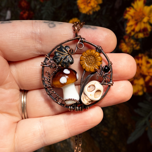 “Autumn Rest” Antiqued Copper Pendant With Czech Glass Botanical Beads, Lampwork Mushroom Bead, Stone Skull Bead, And Tiny Glass & Wire Spider