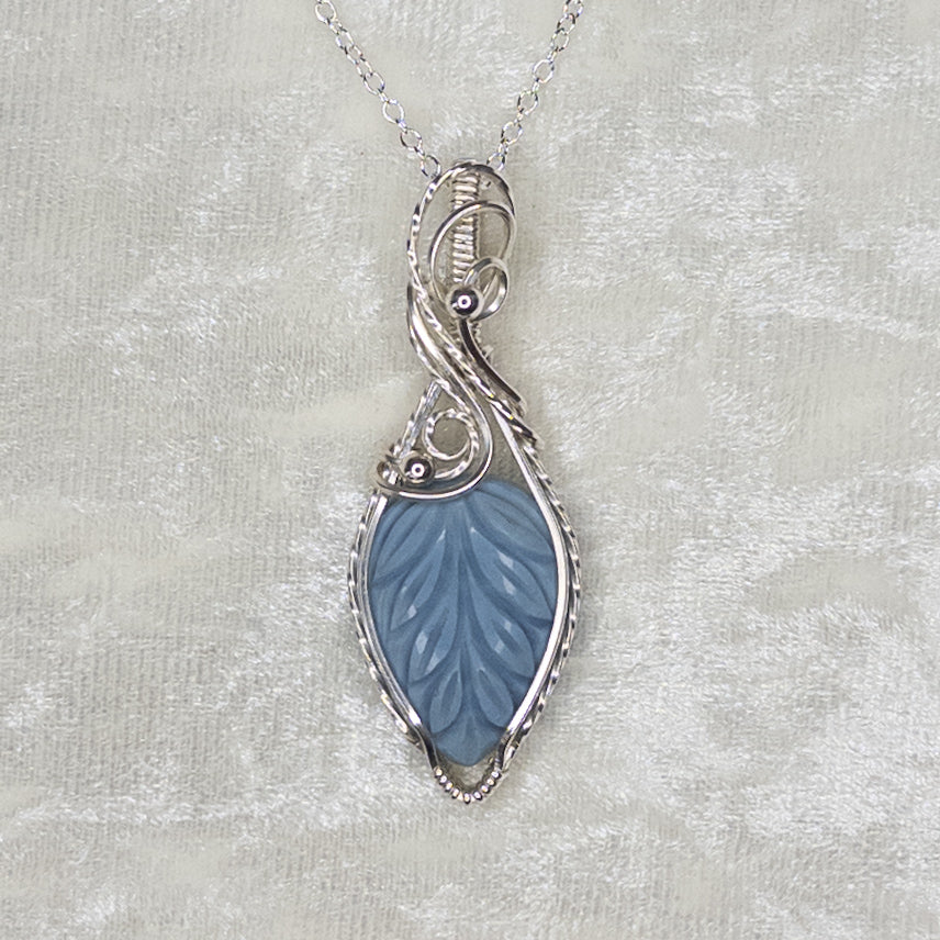 Blue Opal Carved Leaf Sterling Silver Pendant