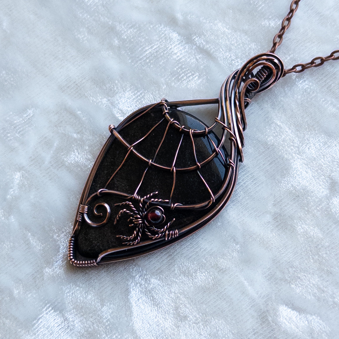 Gold Sheen Obsidian Web & Garnet Spider Pendant - Antiqued Copper