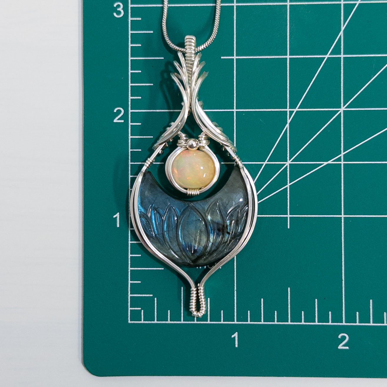 Lotus Carved Labradorite Moon & 2 ct. Ethiopian Opal Sterling Silver Pendant