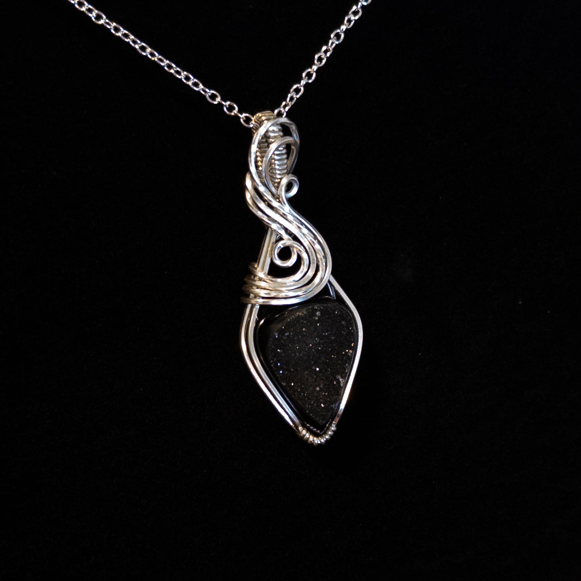 Black Druzy Agate & .925 Sterling Silver Pendant