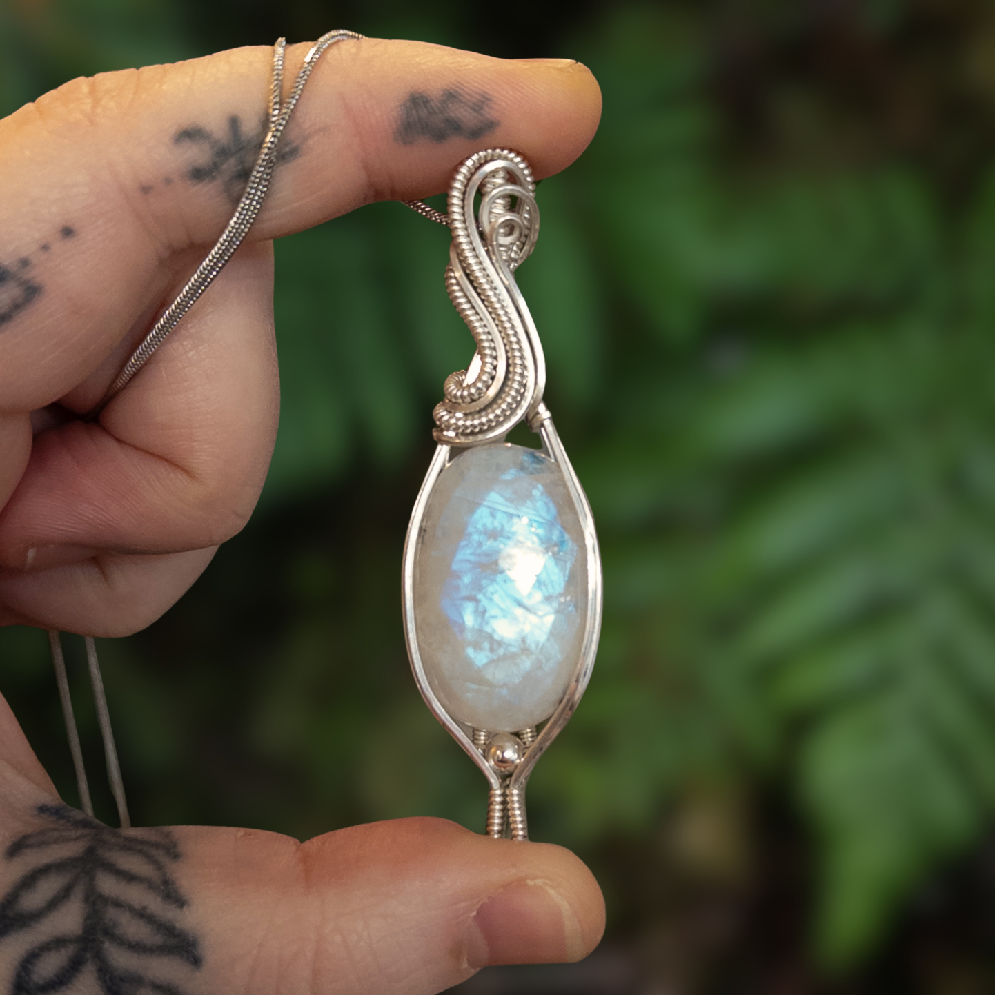 Rose Cut Rainbow Moonstone Sterling Silver Pendant